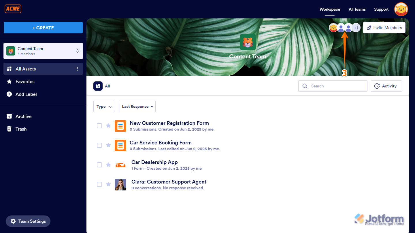 Members icon on the Team Workspace page in Jotform