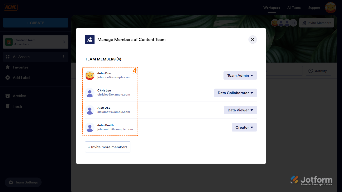 Window displaying a list of team members with their names and email addresses in Jotform Workspace