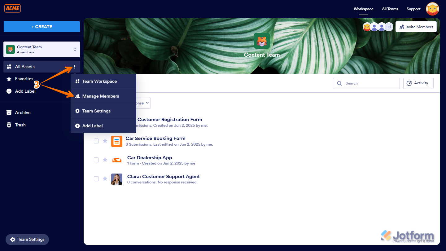 Clicking the Three Dots icon next to All Assets and selecting Manage Members on the left side of the Team Workspace page in Jotform