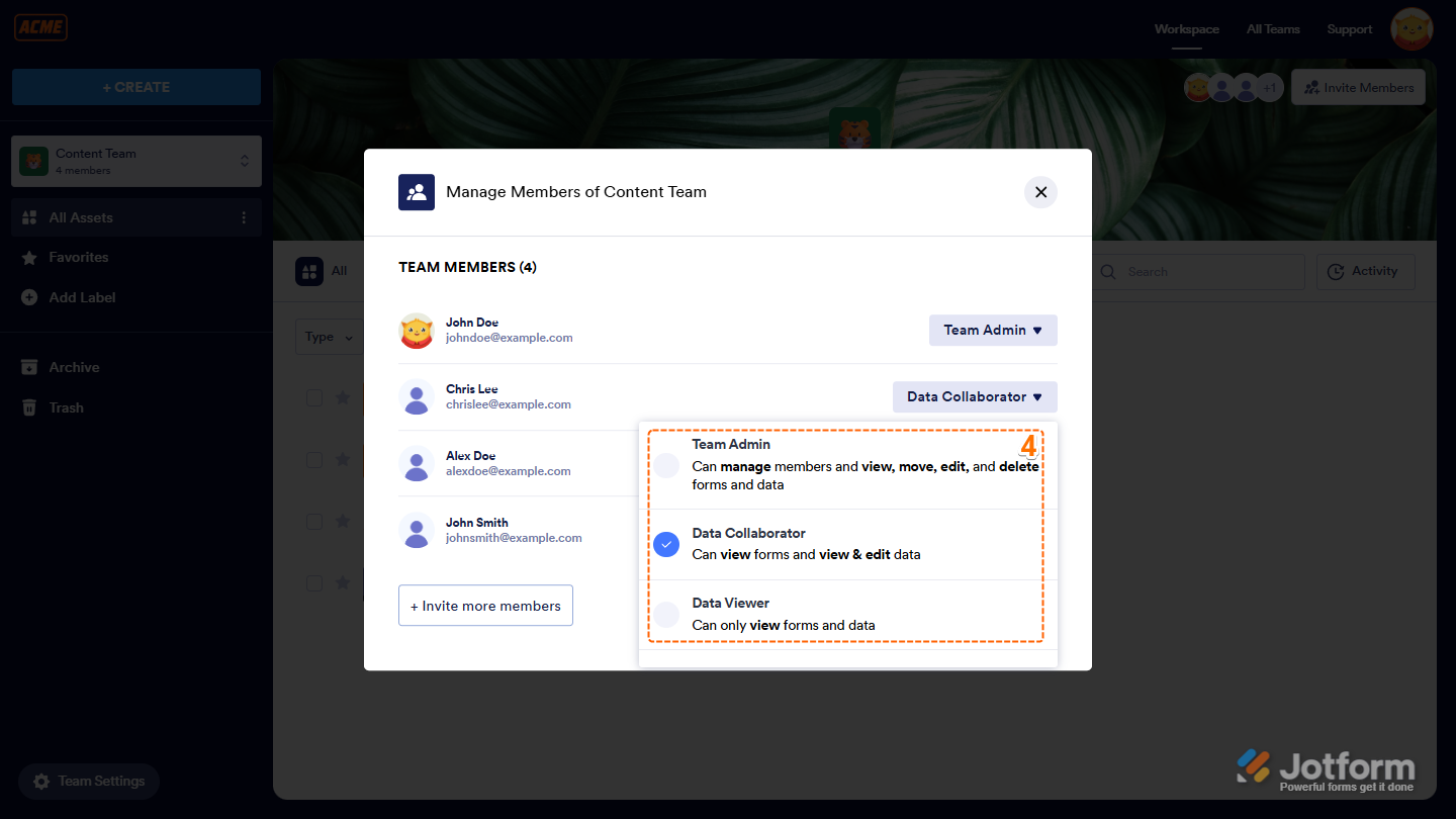 Managing member roles in Jotform by clicking the Downward Arrow icon in the Manage Members window and selecting a role such as Team Admin, Data Collaborator, or Data Viewer