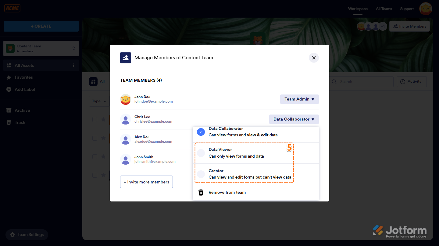 Scrolling to the bottom of the role options menu in Jotform’s Manage Members window to select Creator or Remove from Team