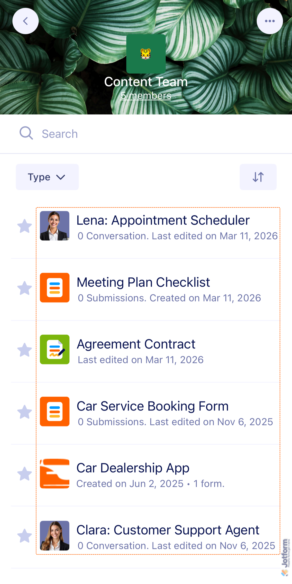 Jotform Mobile App Team Workspace page showing list of forms and shared assets