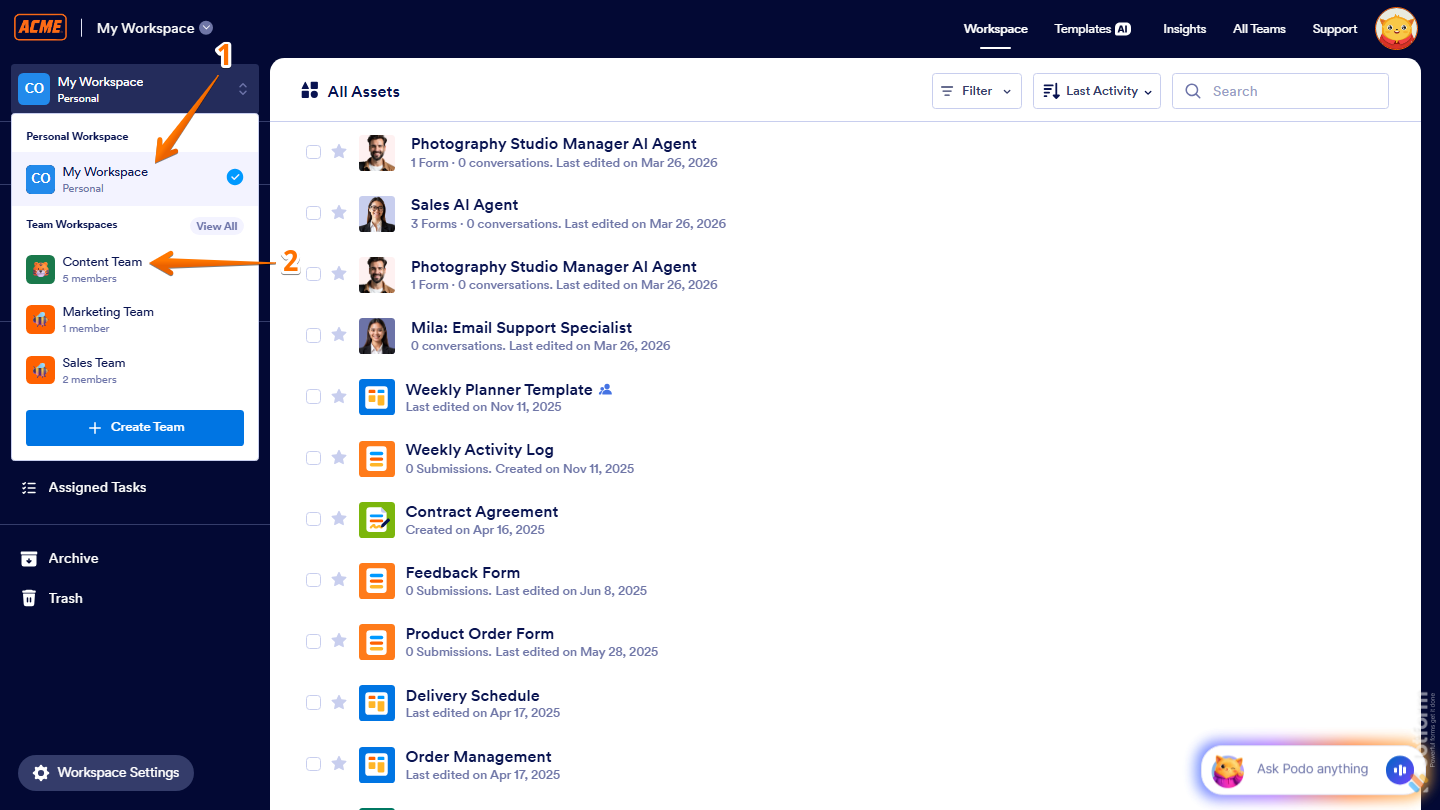 Workspace page showing My Workspace menu and Team Workspaces selection in Jotform