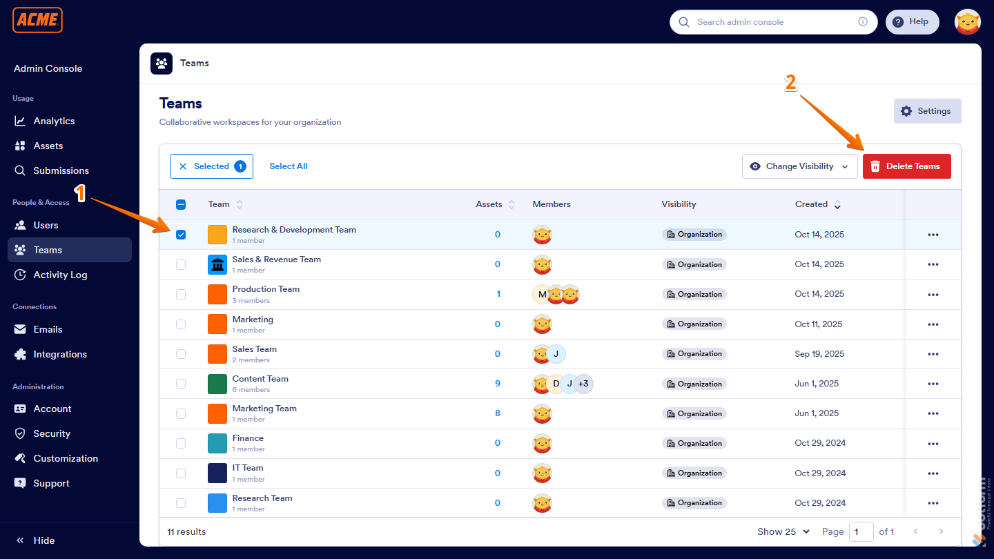 Teams page showing team checkboxes and Delete Teams button in Jotform