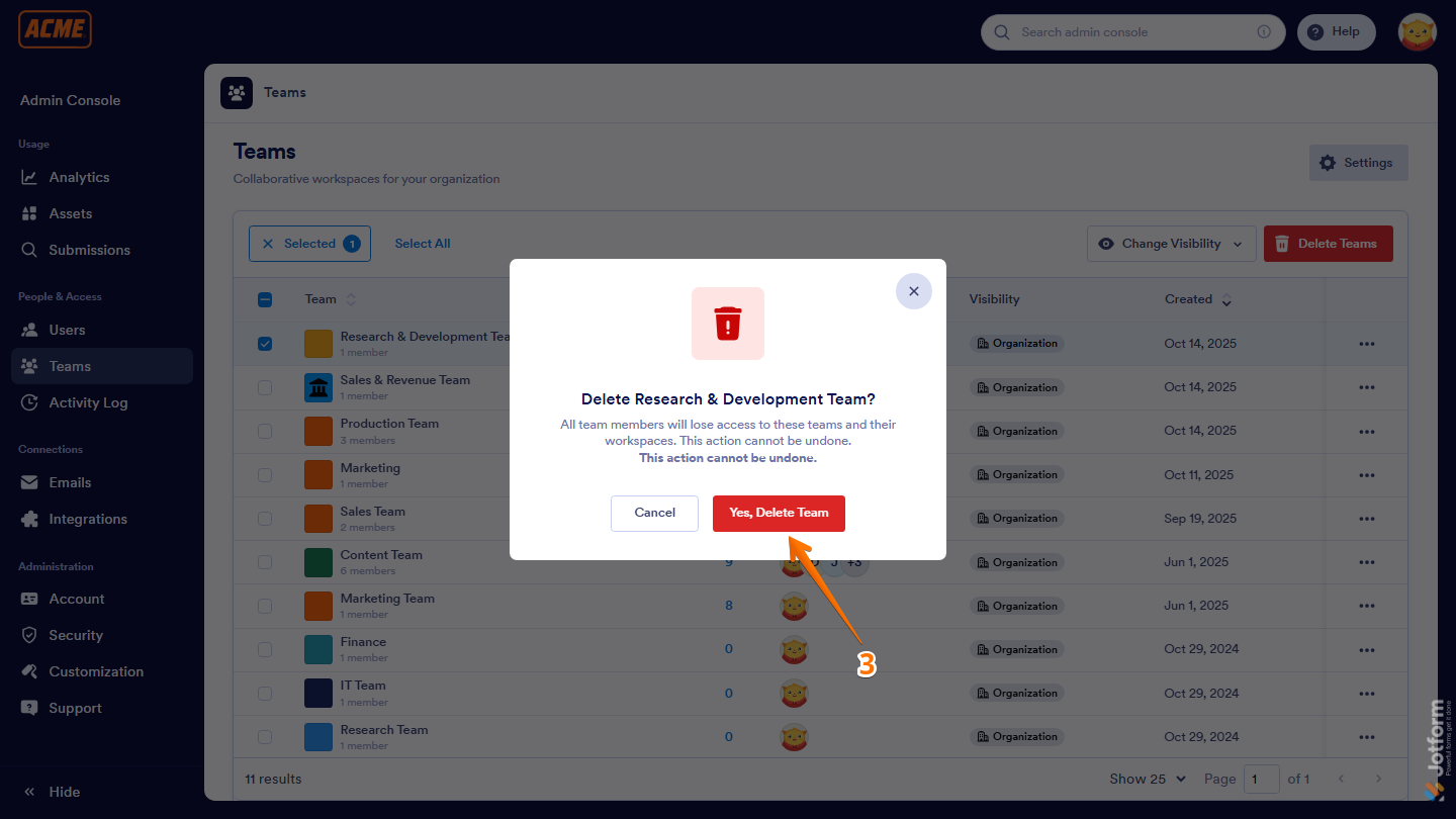 Confirmation window showing Delete button for team removal in Jotform