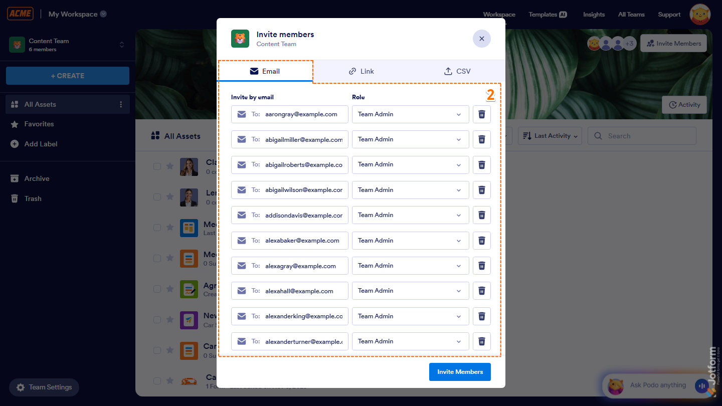 Invite Members Email tab showing prefilled email addresses from uploaded CSV in Jotform
