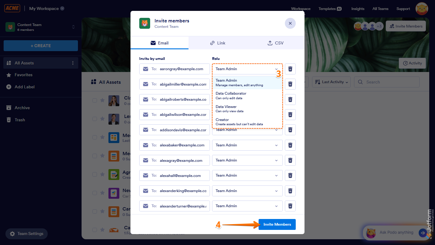 Invite Members Email tab showing recipient list role dropdowns and Invite Members button in Jotform