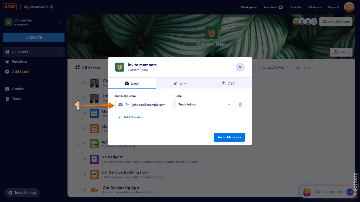 Invite Members Email tab showing Invite by Email input field in Jotform
