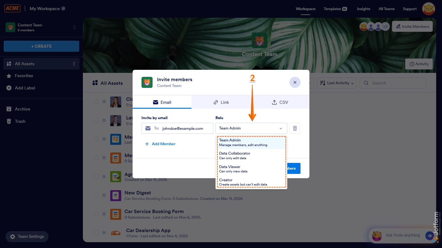 Invite Members Email tab showing Role dropdown with team roles in Jotform