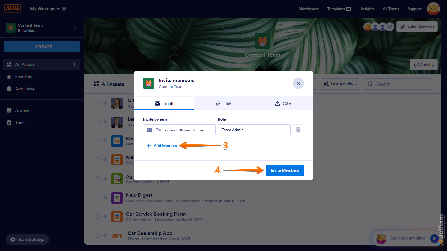 Invite Members window showing Add Member option and Invite Members button in Jotform