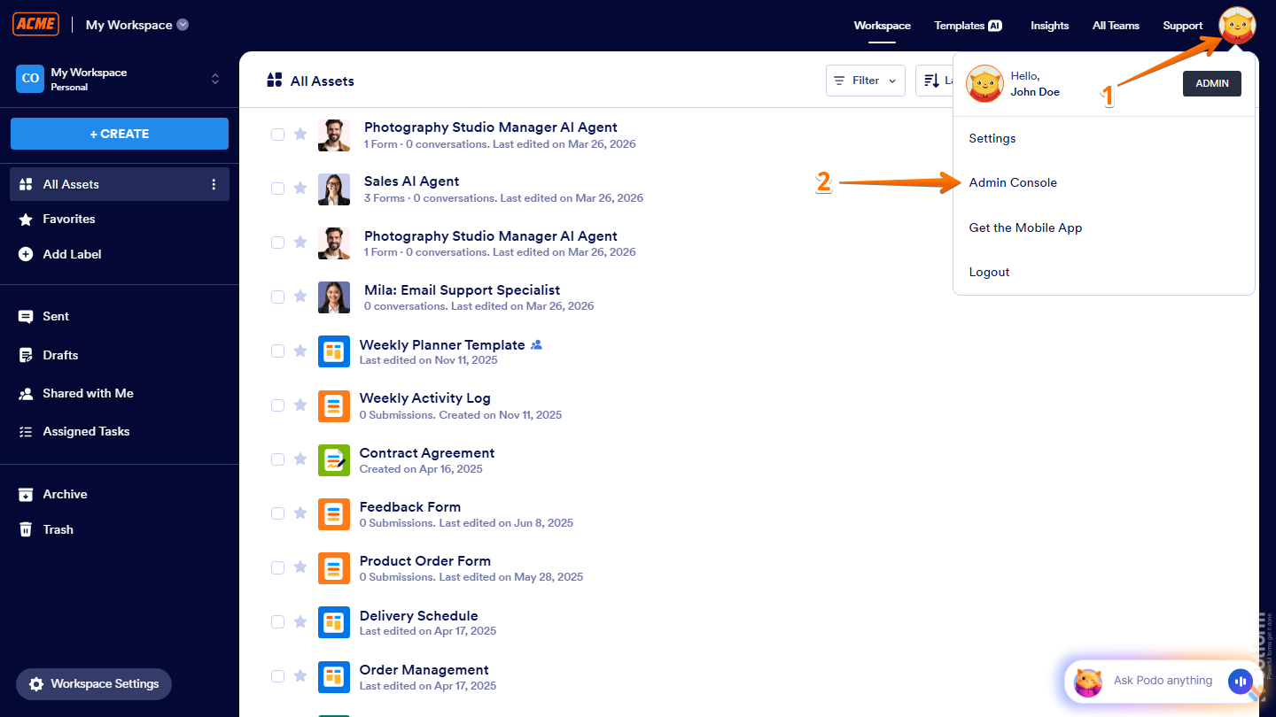 Workspace page showing Avatar menu with Admin Console option in Jotform