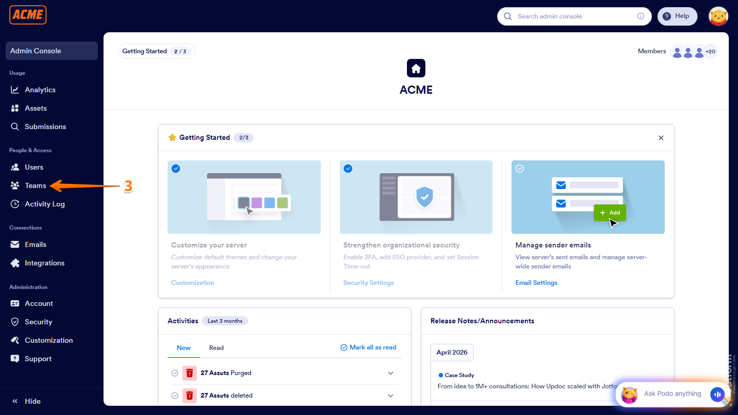 Admin Console Teams page showing Teams option in left menu in Jotform