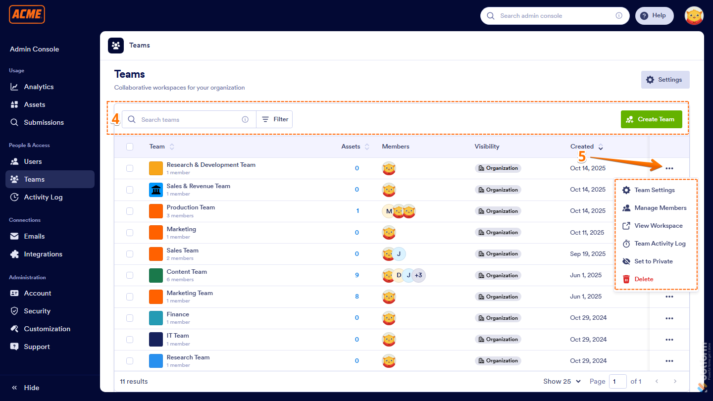 Teams page showing search filter Create Team and Three Dots menu options in Jotform