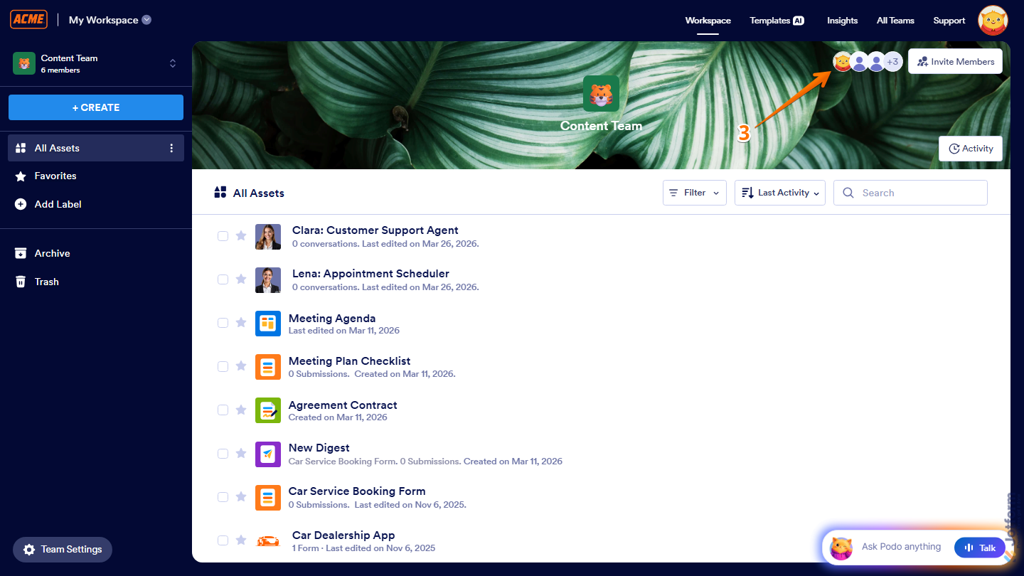 Team Workspace page showing Members icon in the top-right corner in Jotform