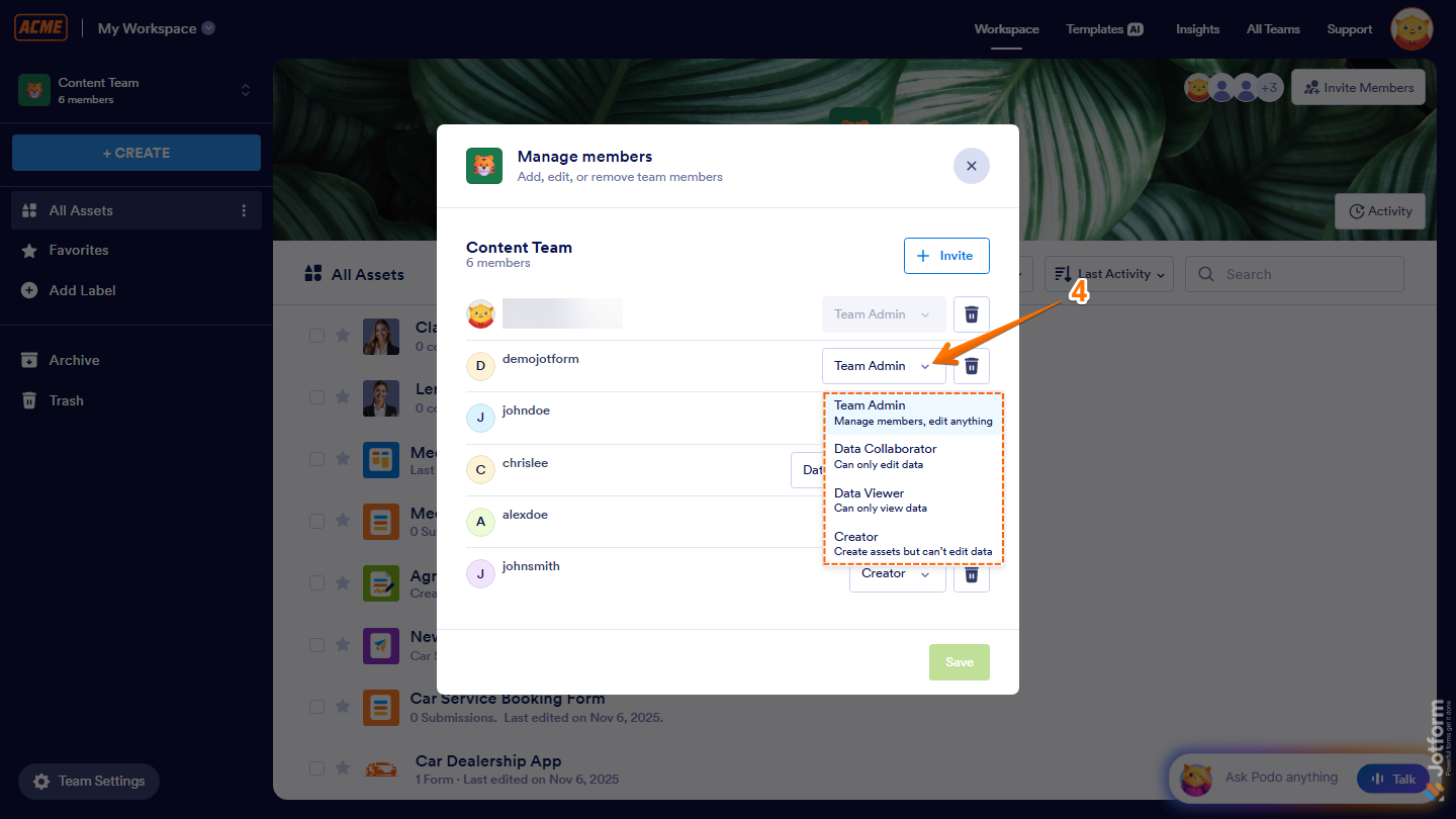 Manage Members window showing role dropdown options for team members in Jotform