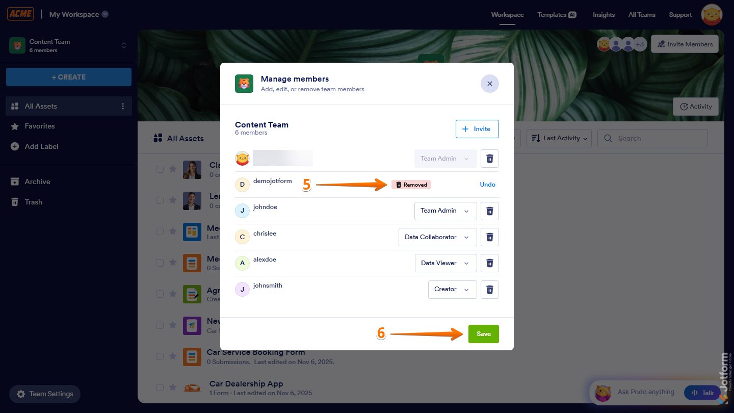 Manage Members window showing Trash Can icon and Save button in Jotform