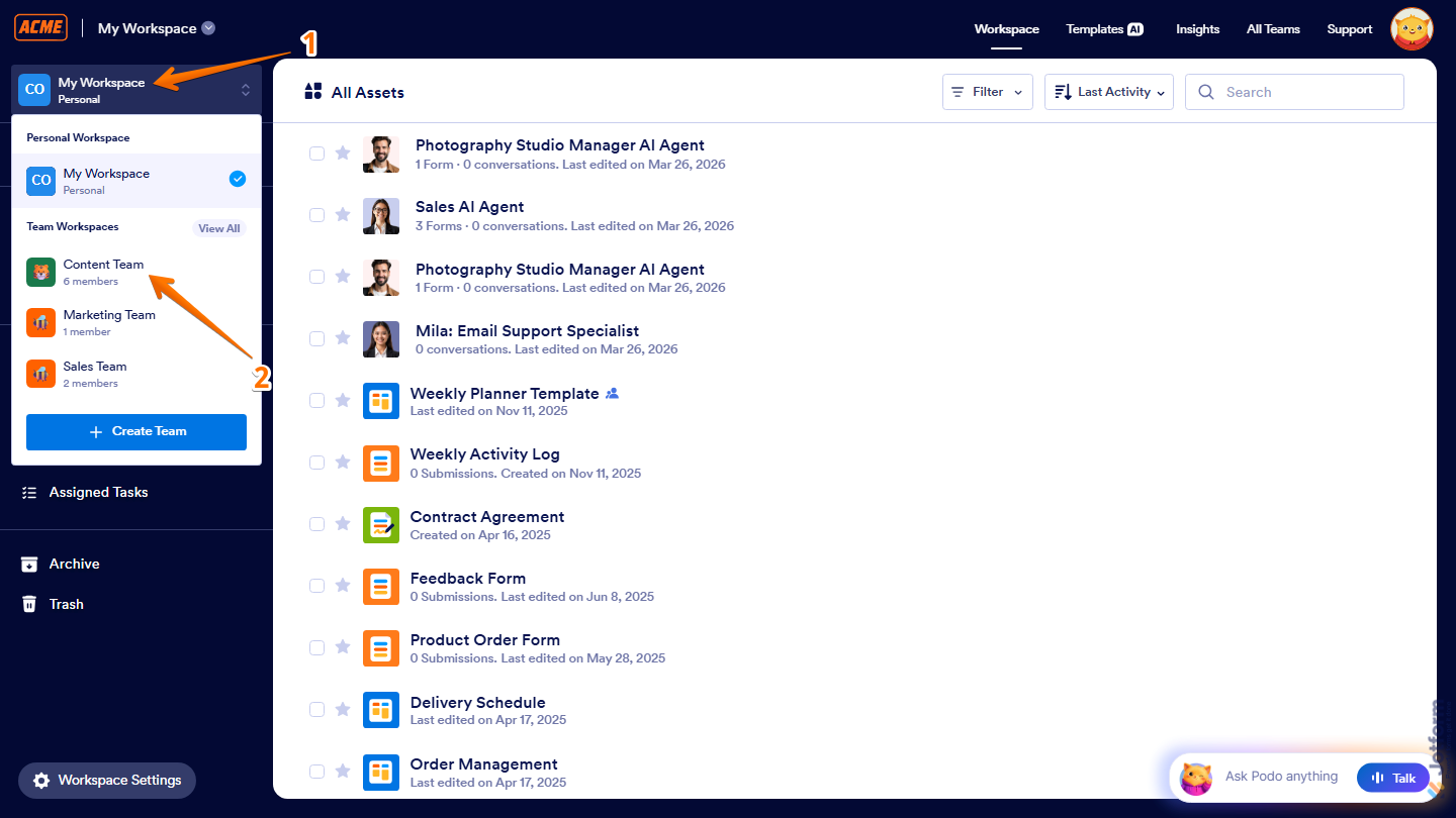 Workspace page showing My Workspace menu and Team Workspaces selection in Jotform