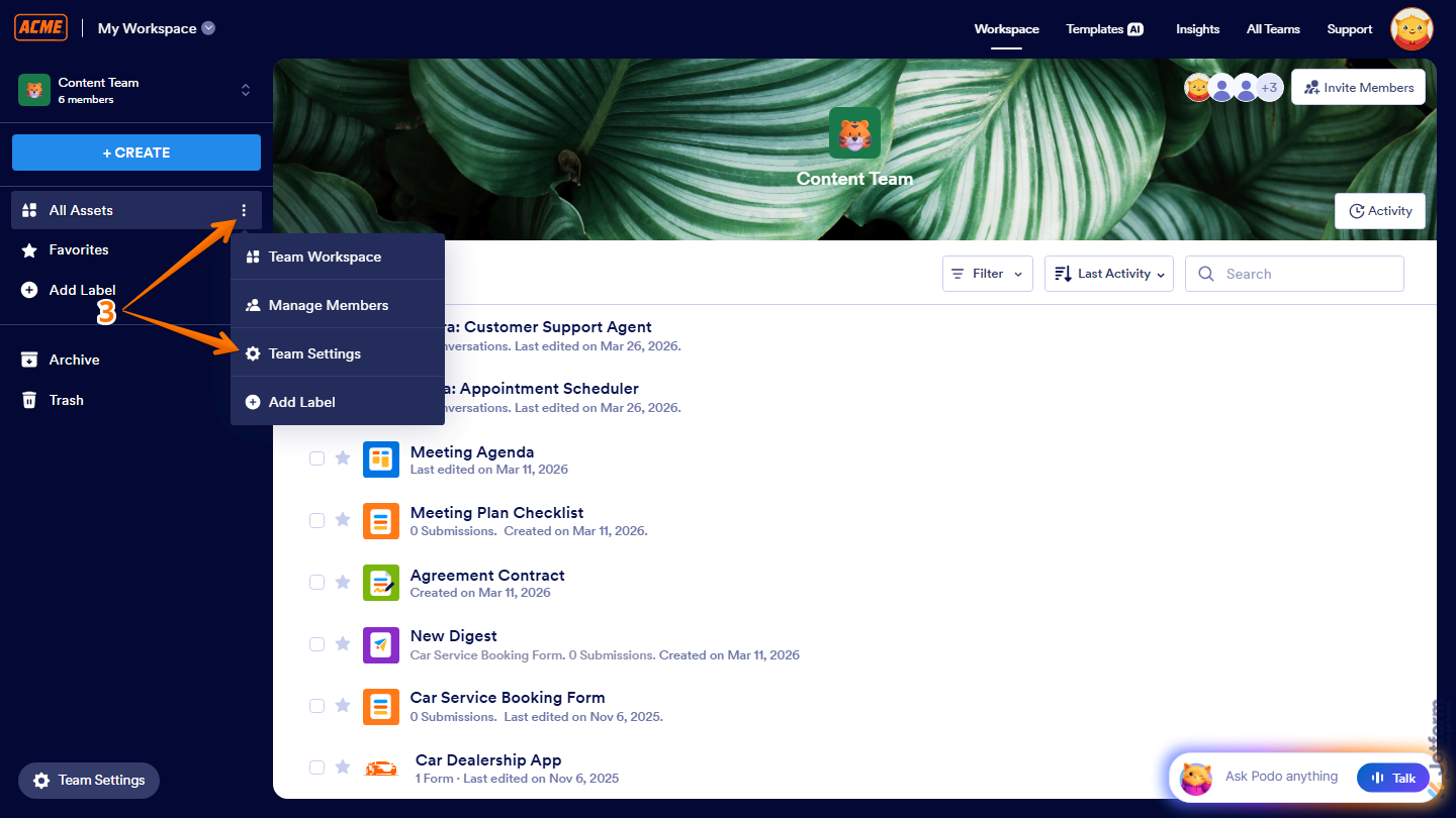 Team Workspace sidebar showing Three Dots menu with Team Settings option in Jotform