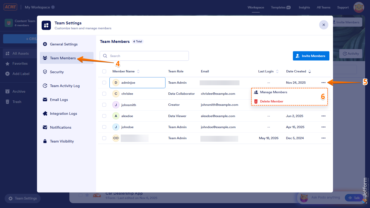 Team Settings Team Members page showing Three Dots menu with Manage Members and Delete Member options in Jotform