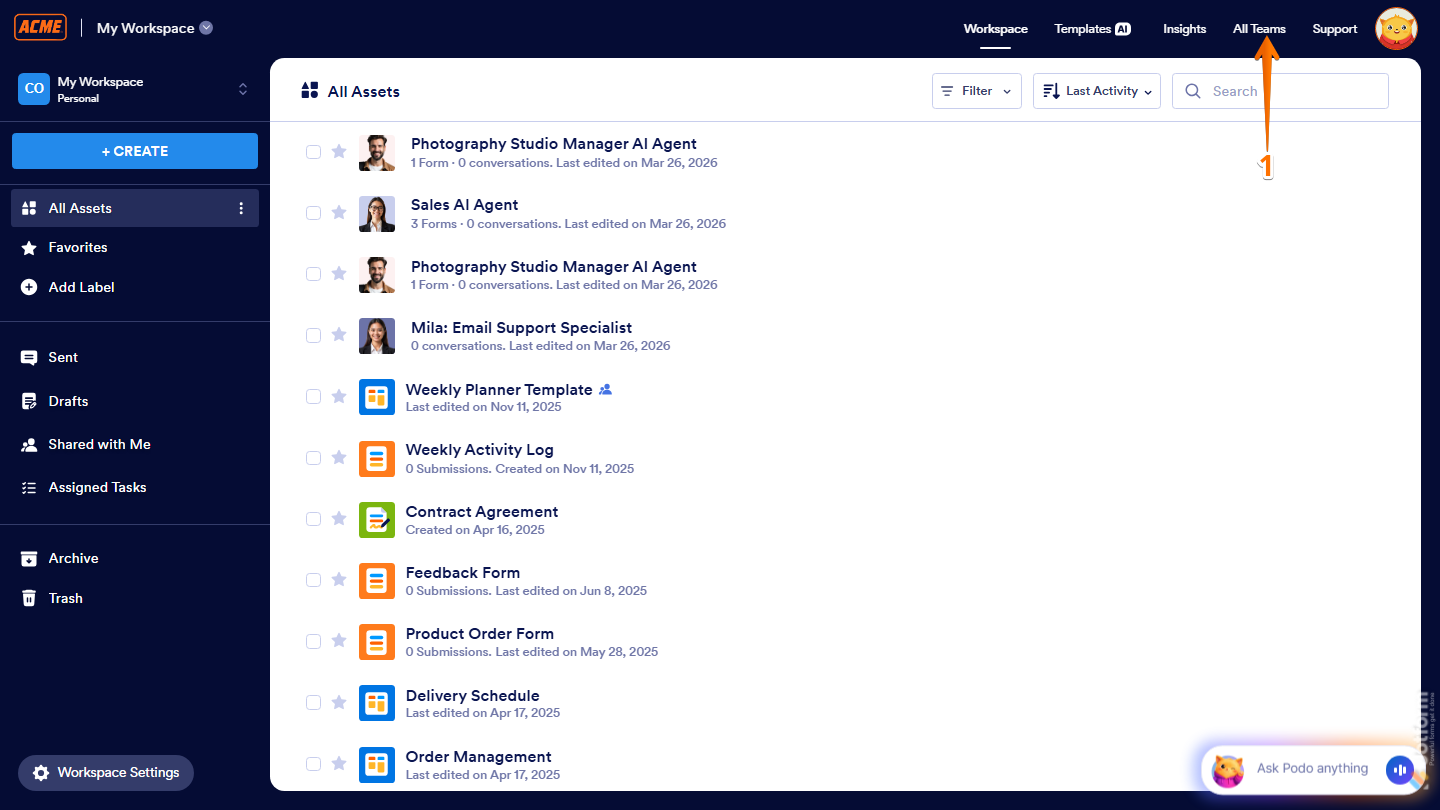 Workspace page showing All Teams button on the top right side in Jotform