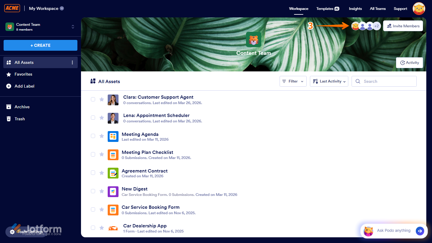 Members icon on the Team Workspace page in Jotform