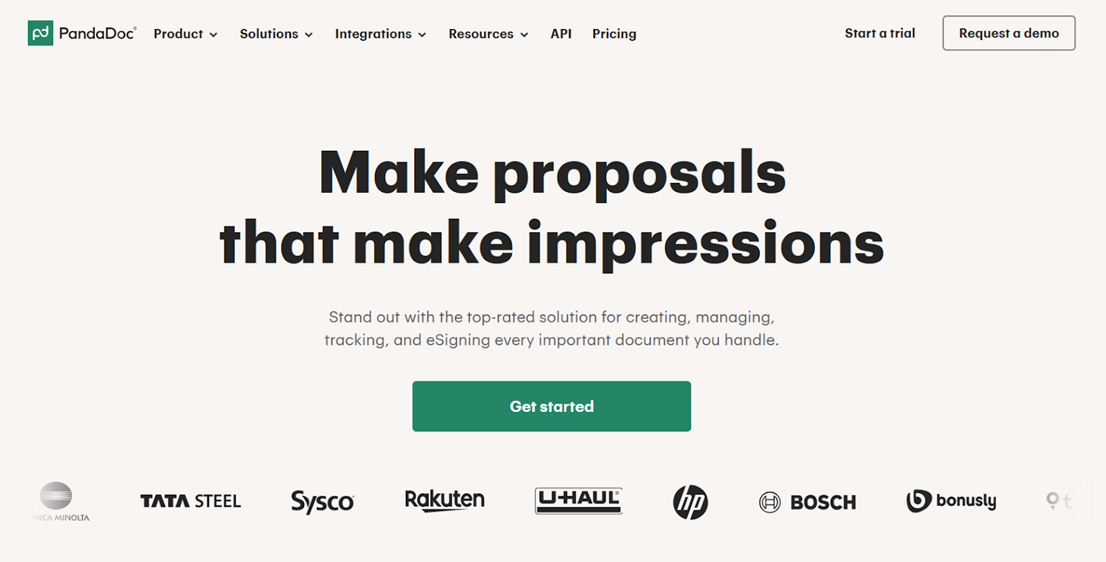 Screenshot of the PandaDoc homepage, featuring a list of big-name companies already using the e-signature solution, as well as clickable buttons for getting started with a trial or demo
