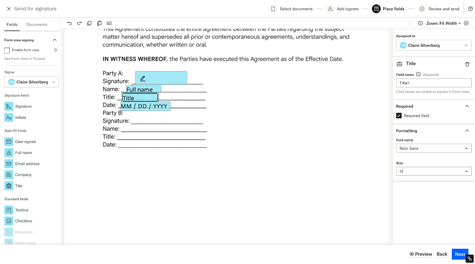 Screenshot of the Dropbox Sign user interface in action, showing how users can insert signature fields into a document