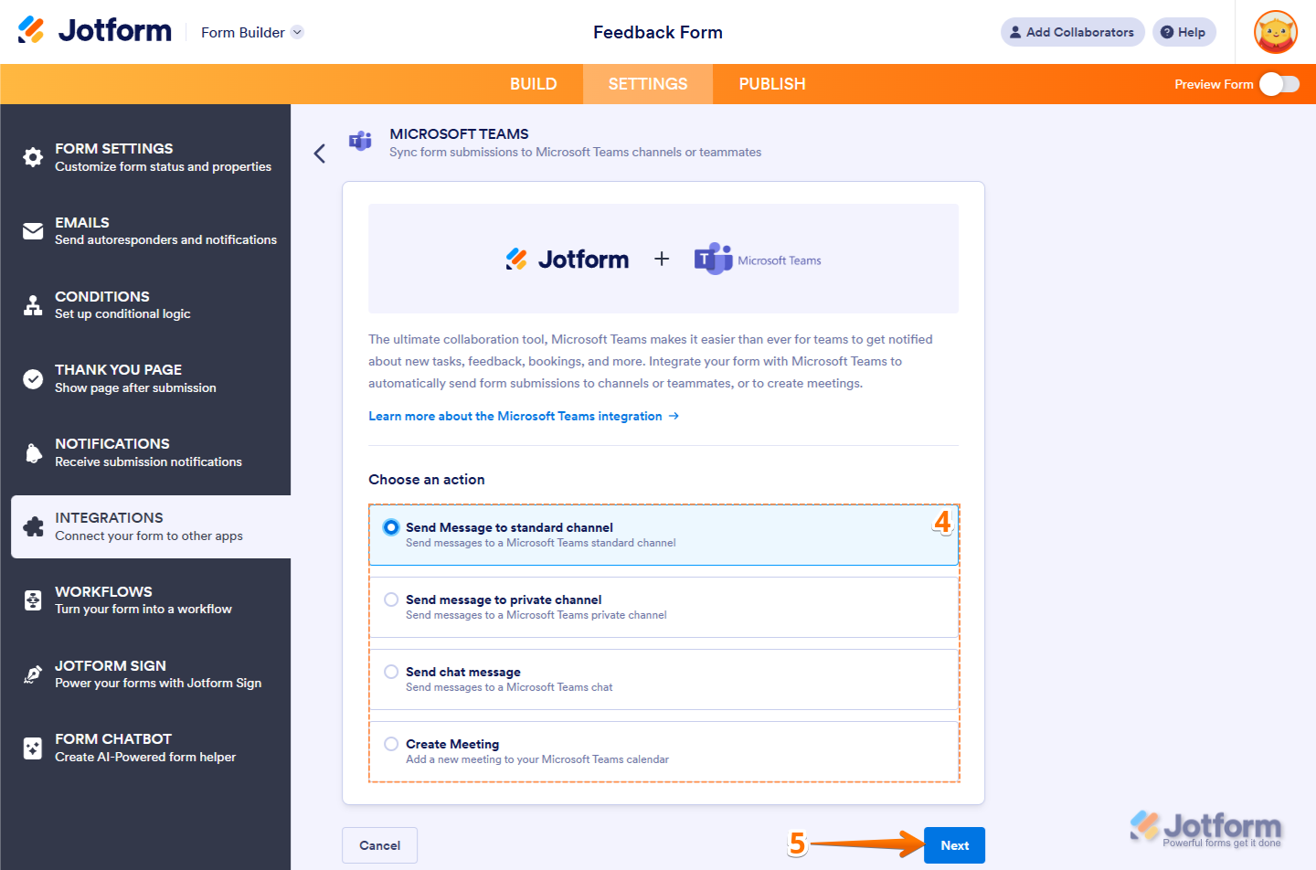 Choose a Microsoft Teams Action options in the Microsoft Teams Integrations section under the Settings tab in Jotform Form Builder