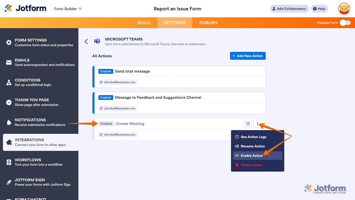 Enable Action option in the Microsoft Teams Integrations section under the Settings tab in Jotform Form Builder