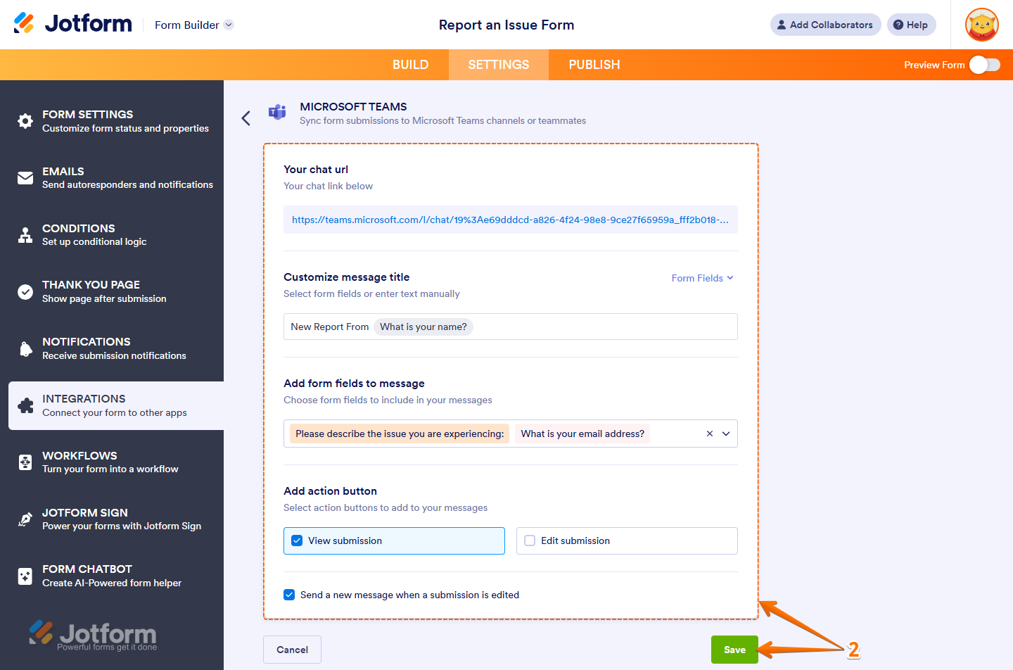 Updating saved action in the Microsoft Teams Integrations section under the Settings tab in Jotform Form Builder