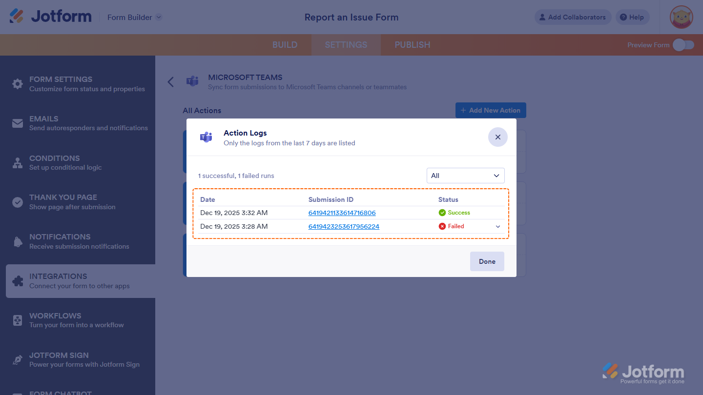 Action Logs window in the Microsoft Teams Integrations section under the Settings tab in Jotform Form Builder