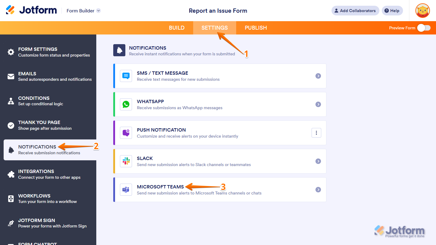Microsoft Teams Notifications in the Notifications section under the Settings tab in Jotform Form Builder