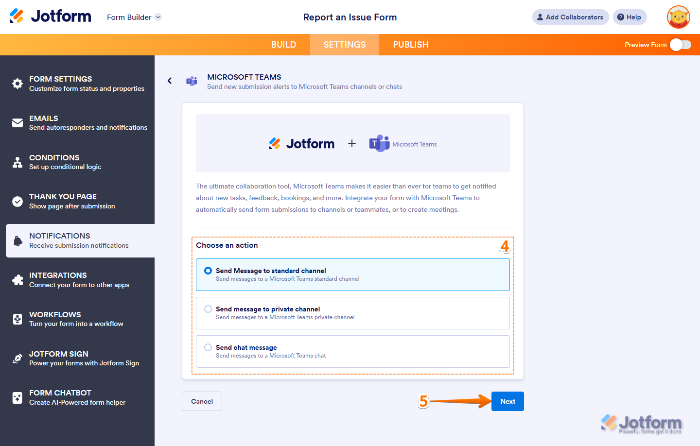 Choose a Microsoft Teams Notification Action options in the Notifications section under the Settings tab in Jotform Form Builder