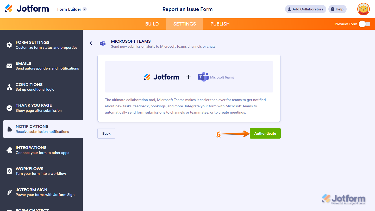 Authenticate Microsoft Teams Account in the Notifications section under the Settings tab in Jotform Form Builder