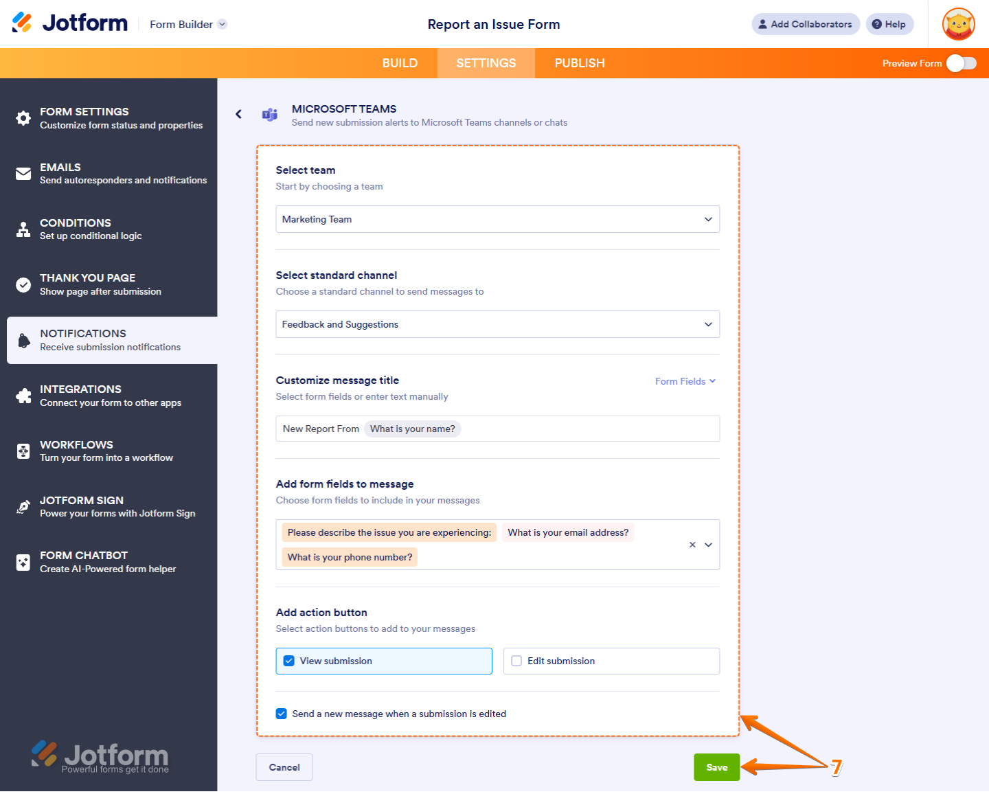 Microsoft Teams Send Message to Standard Channel Notification settings in the Notifications section under the Settings tab in Jotform Form Builder