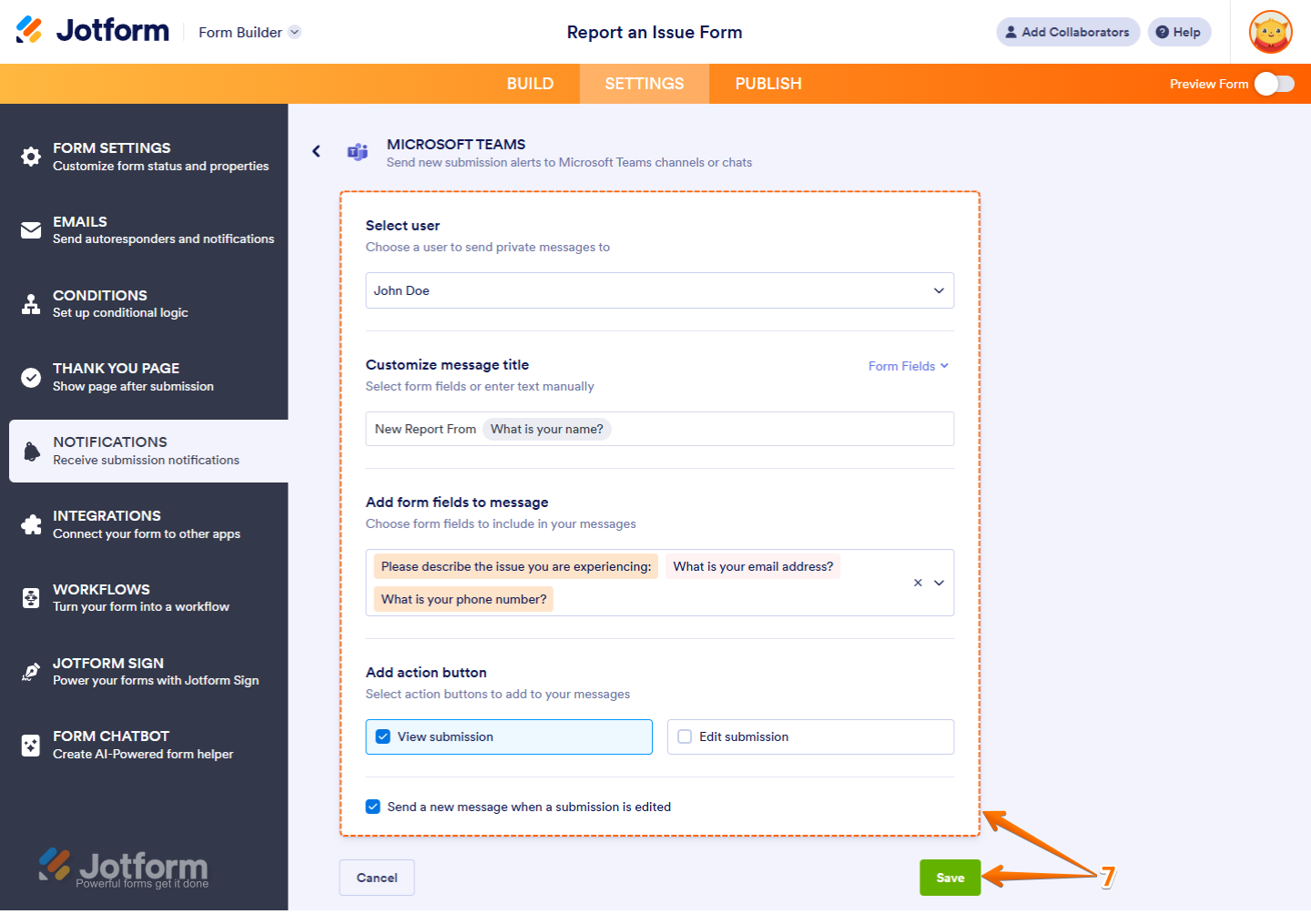 Microsoft Teams Send Chat Message Notification settings in the Notifications section under the Settings tab in Jotform Form Builder