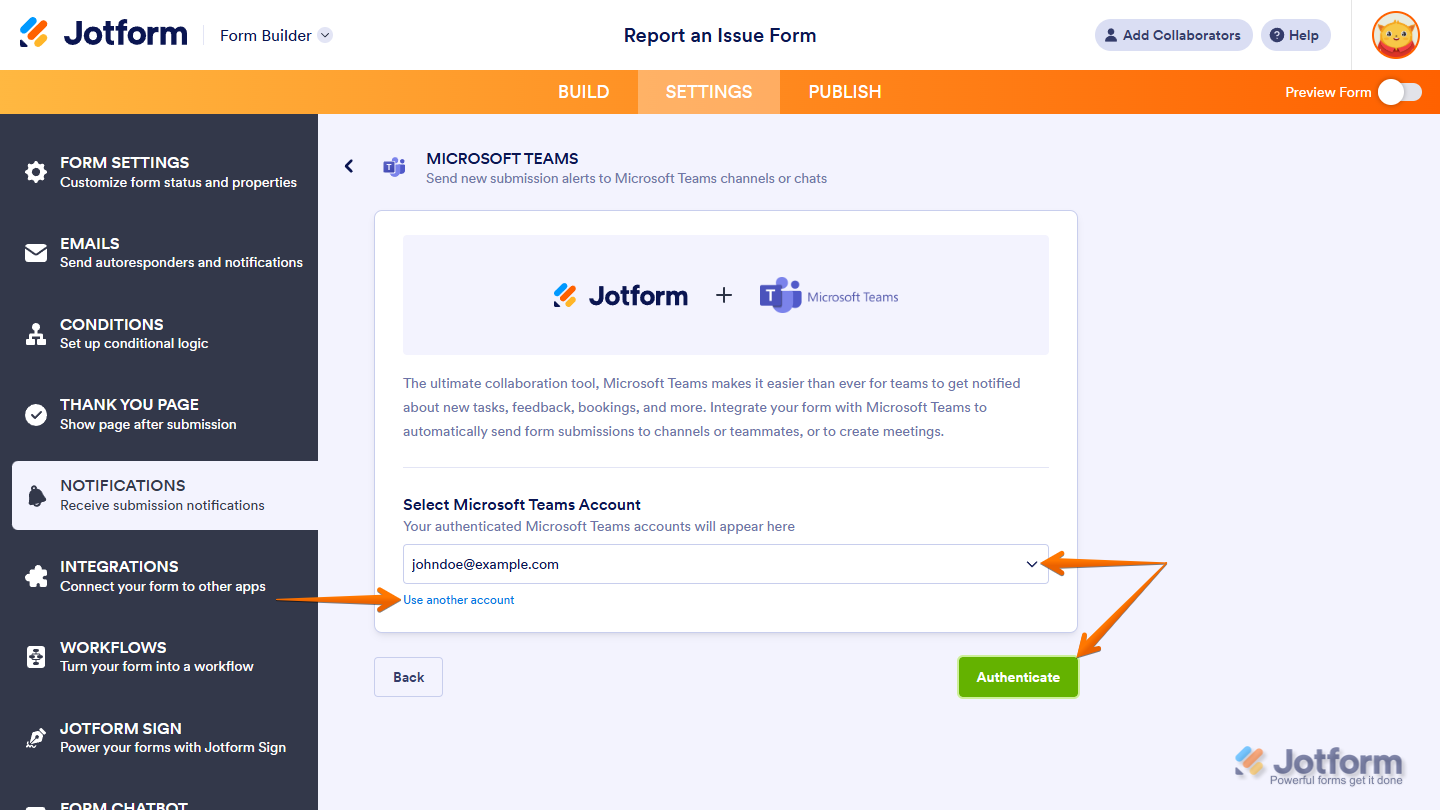 Use saved Microsoft Teams Account in the Notifications section under the Settings tab in Jotform Form Builder