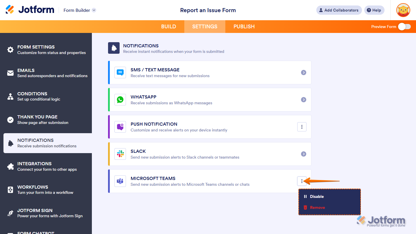 Saved Microsoft Teams Notifications in the Notifications section under the Settings tab in Jotform Form Builder