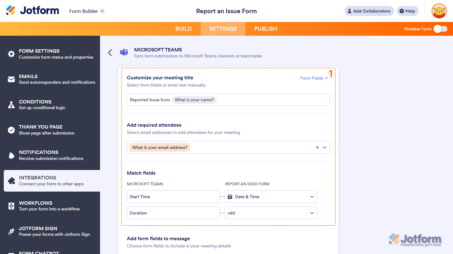 Create Meeting Action settings in the Microsoft Teams Integrations section under the Settings tab in Jotform Form Builder