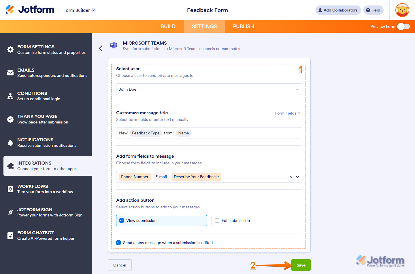Send Chat Message Action settings in the Microsoft Teams Integrations section under the Settings tab in Jotform Form Builder
