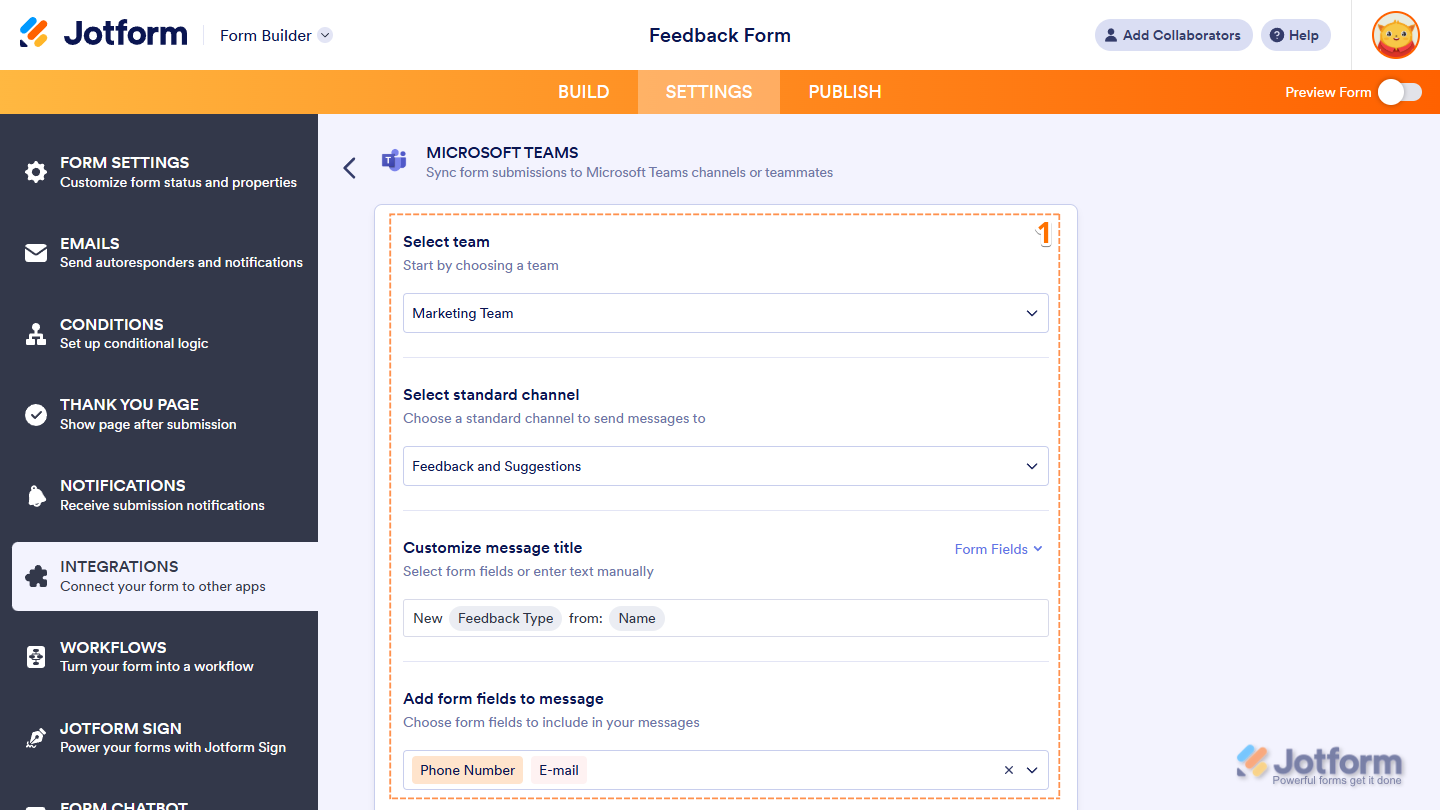 Send Message to Standard Channel Action settings in the Microsoft Teams Integrations section under the Settings tab in Jotform Form Builder