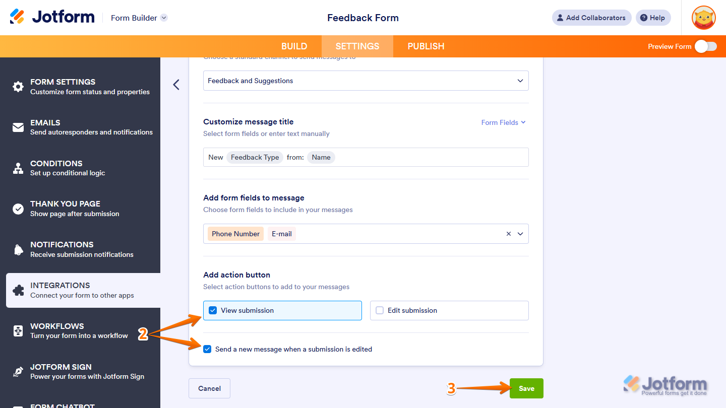 Additional Send Message to Standard Channel Action settings in the Microsoft Teams Integrations section under the Settings tab in Jotform Form Builder