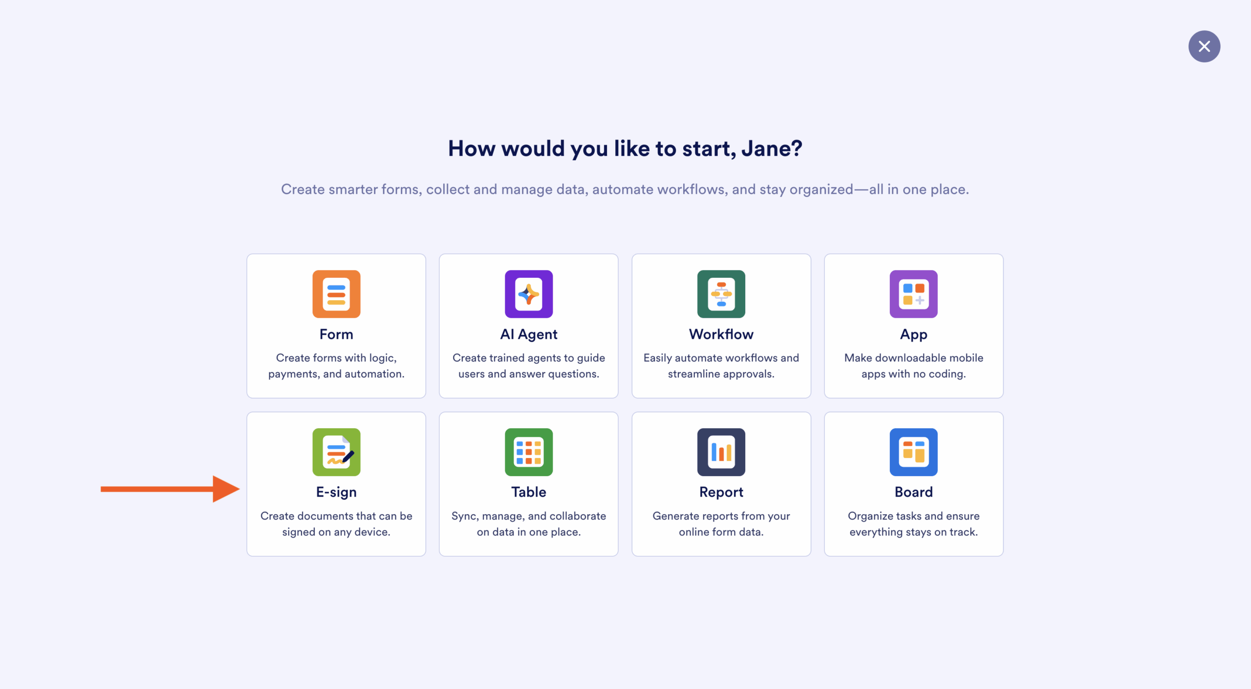 Clicking on the E-Sign option on Jotform My Workspace