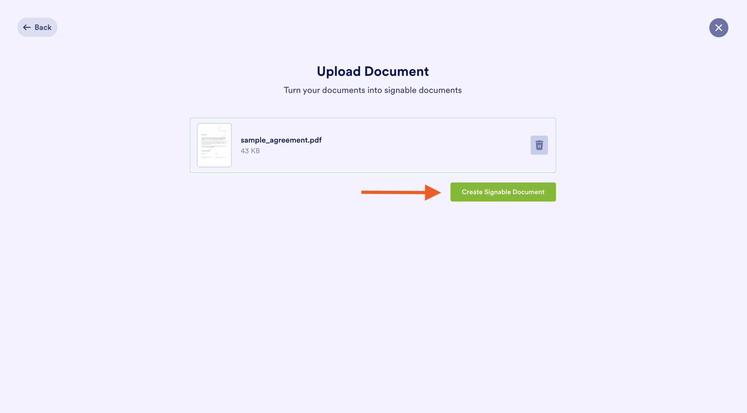 Clicking on the Create Signable Document button