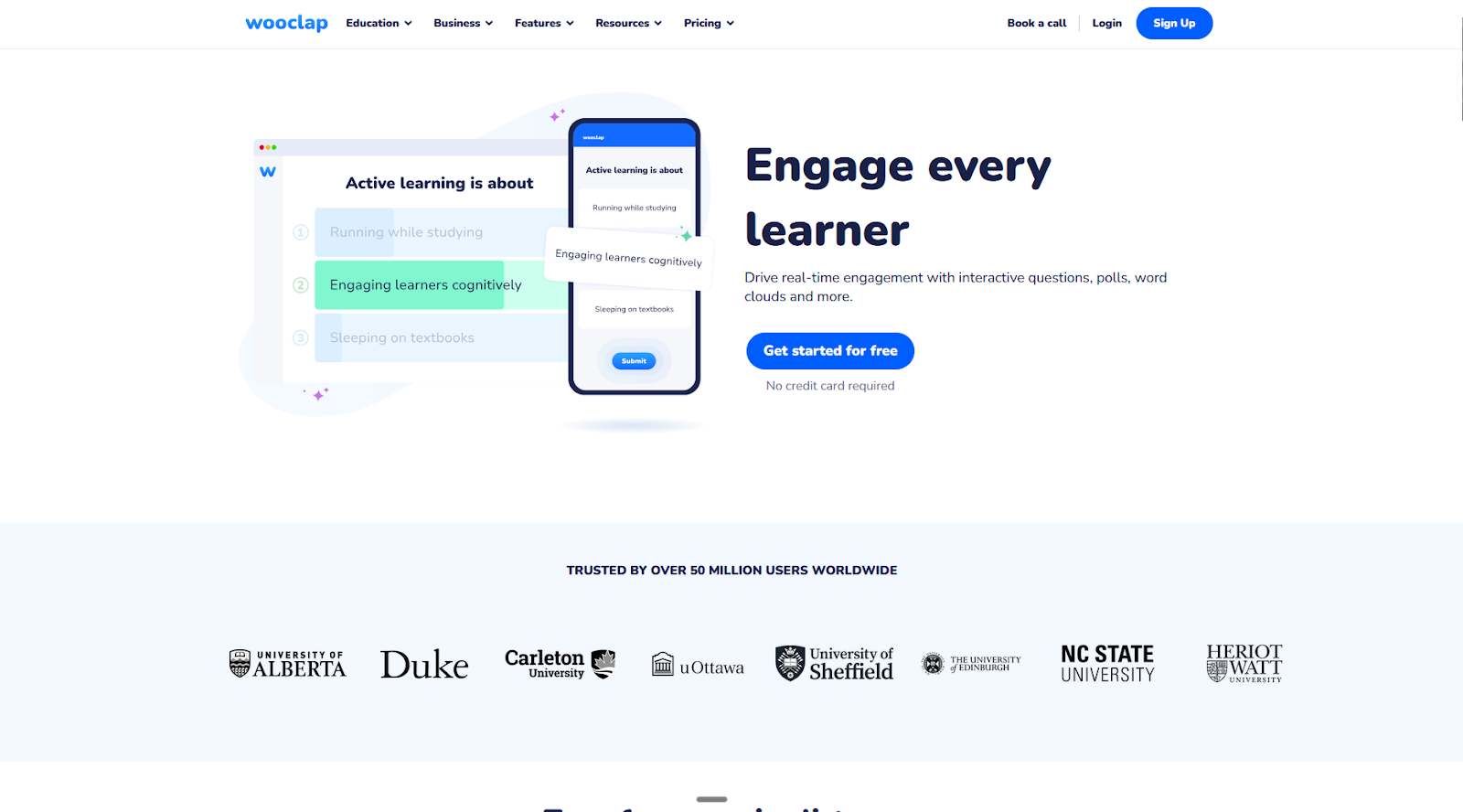 Screenshot of the Wooclap landing page, showing a headline "Engage every learner"