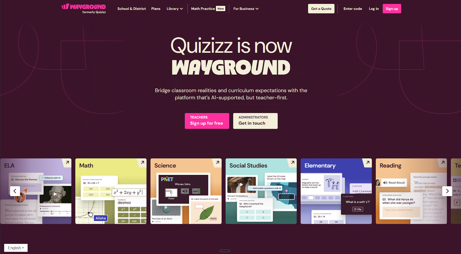Screenshot of the Wayground landing page, showing a headline "Quizizz is now WAYGROUND"