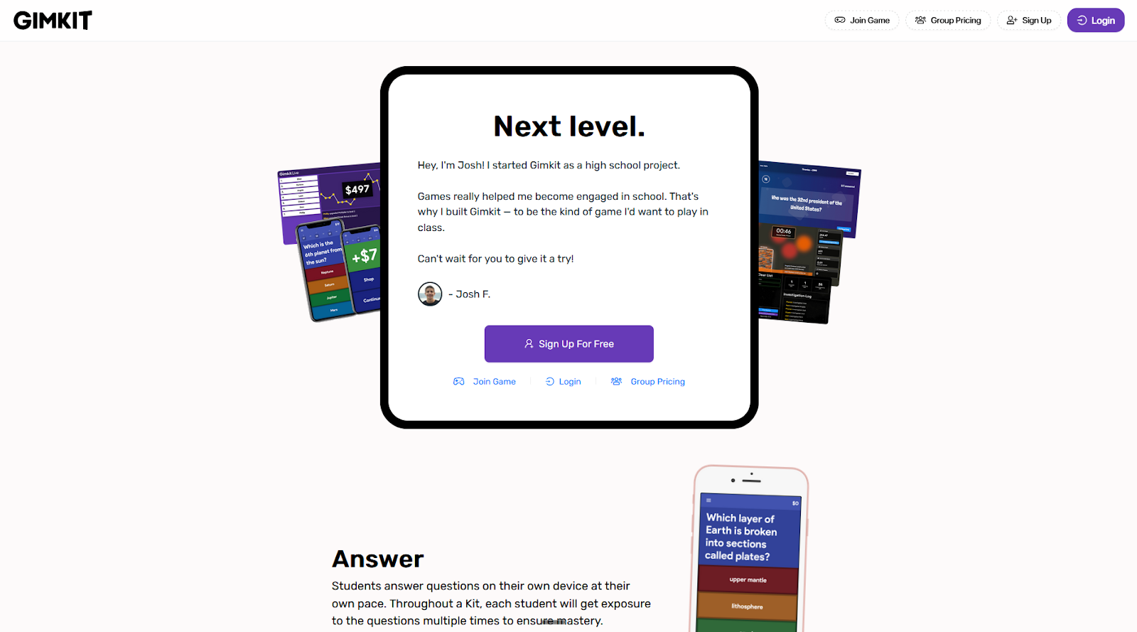 Screenshot of the Gimkit landing page, showing a headline "Next level