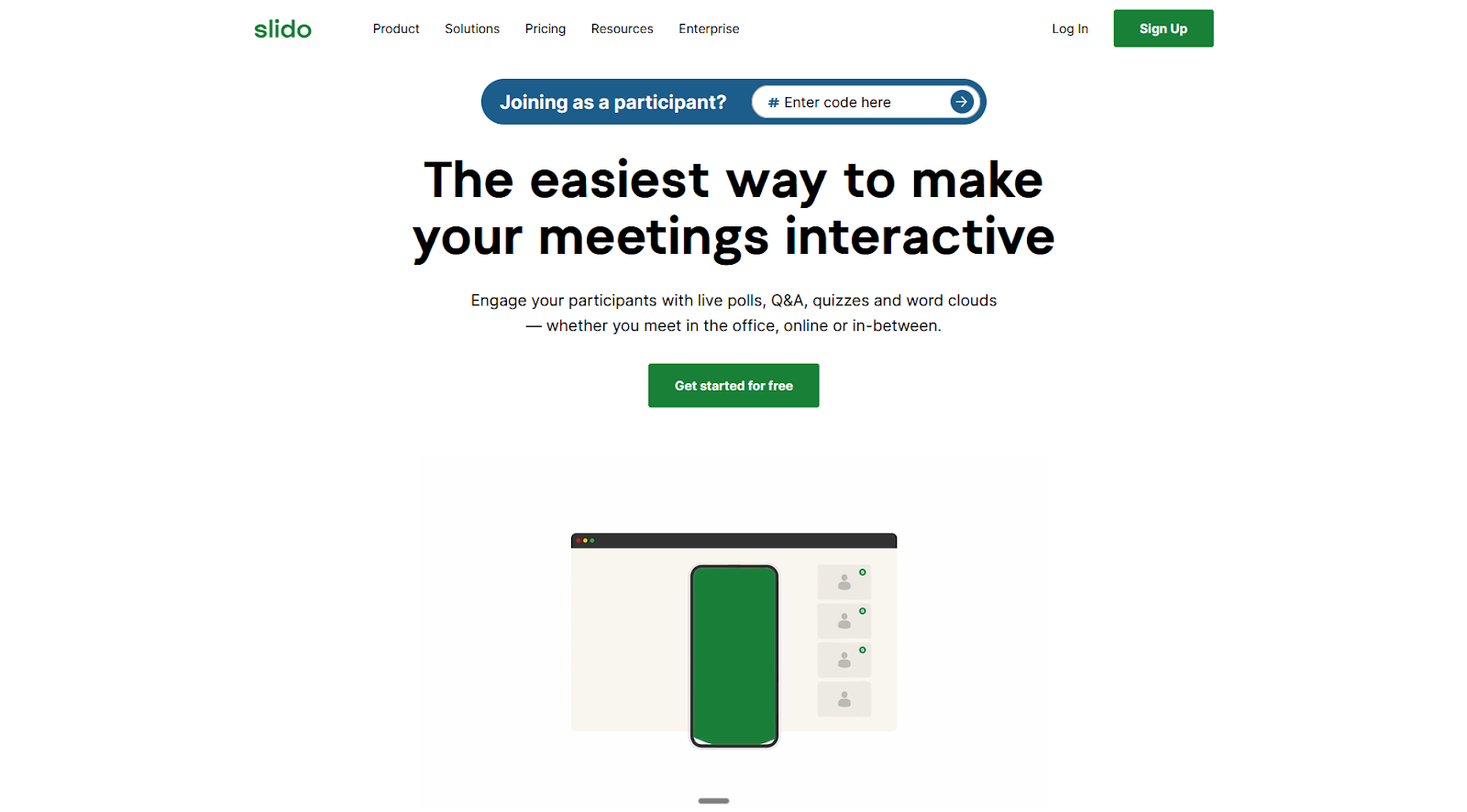 Screenshot of the Slido landing page, showing a headline "The easiest way to make your meetings interactive"