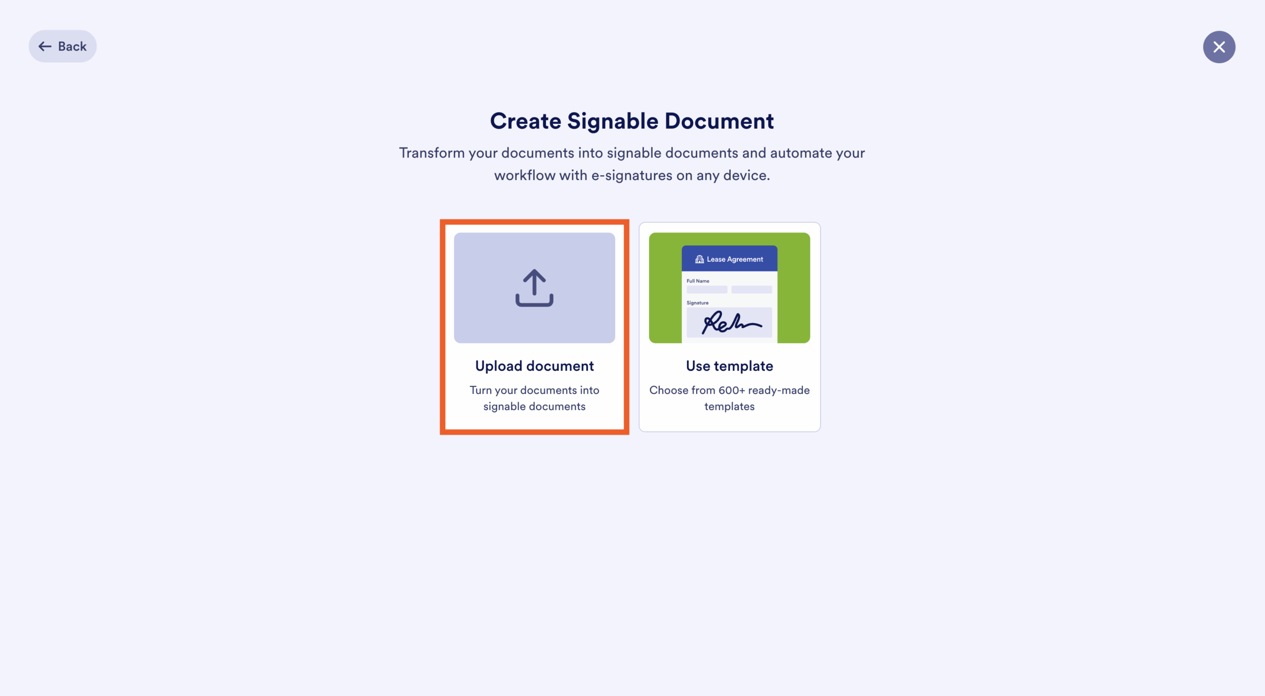 Clicking on the Upload document option on the Create Signable Document page