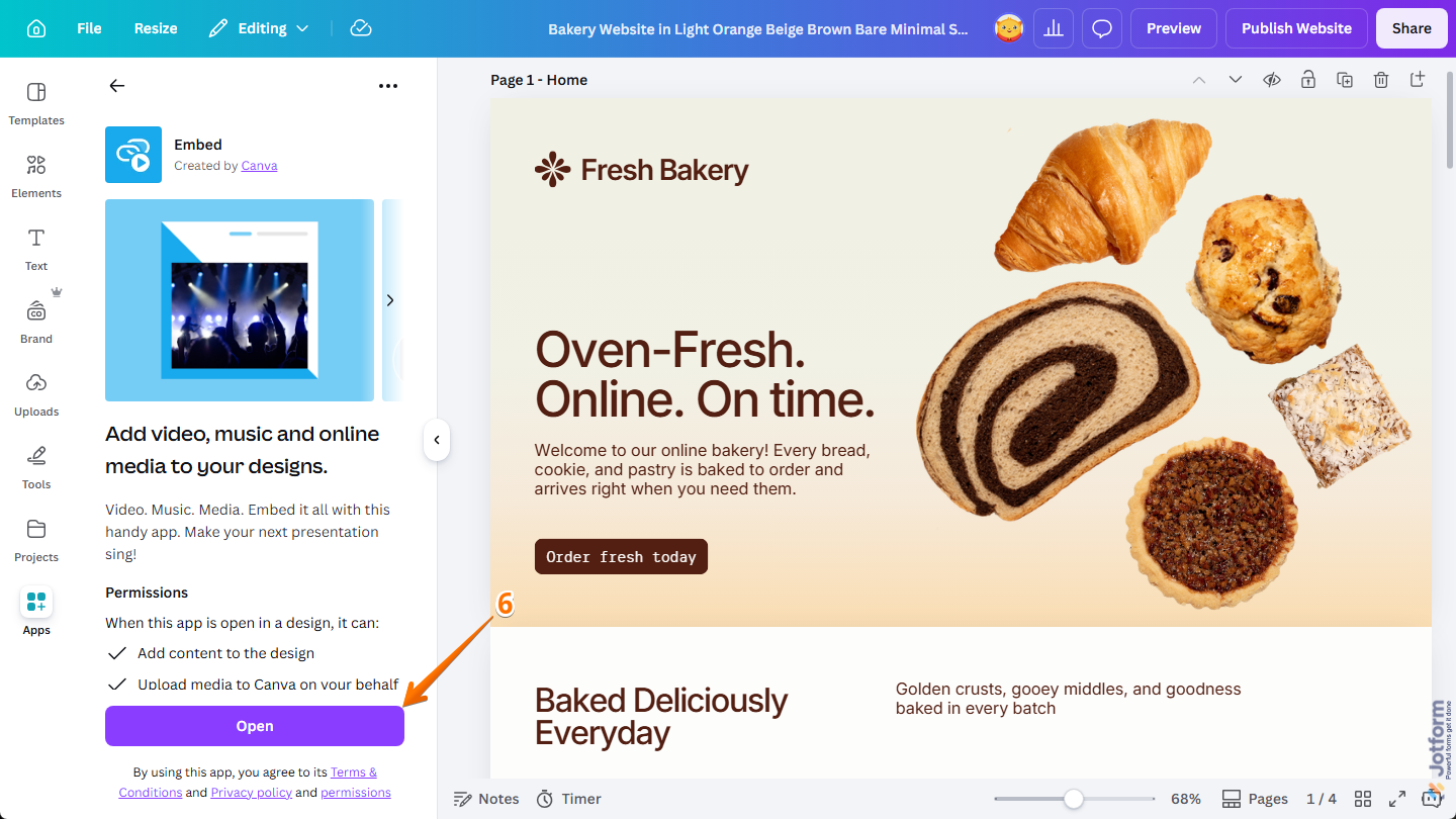 Open button in the Embed App in Canva Design Editor